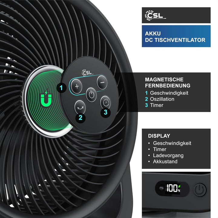 CSL - Akku Tischventilator mit Fernbedienung – sehr leise - Oszillation – 10 Geschwindigkeitsstufen