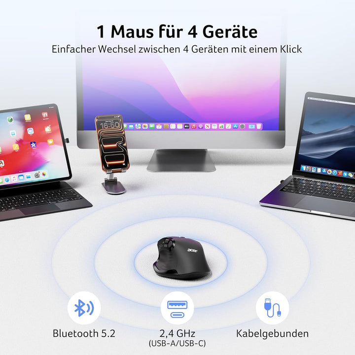 acer Maus Kabellos Tri-Mode, Bluetooth Maus 4000 DPI für 4 Geräte (2,4 G+BT 5.2+Kabel), Ergonomische