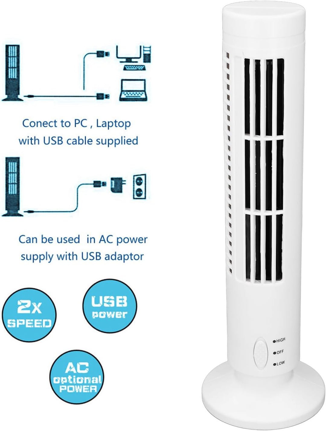 Luqeeg Desktop-Turmventilator, Flügelloser Standventilator, 2 Geschwindigkeiten Einstellbarer Tischv