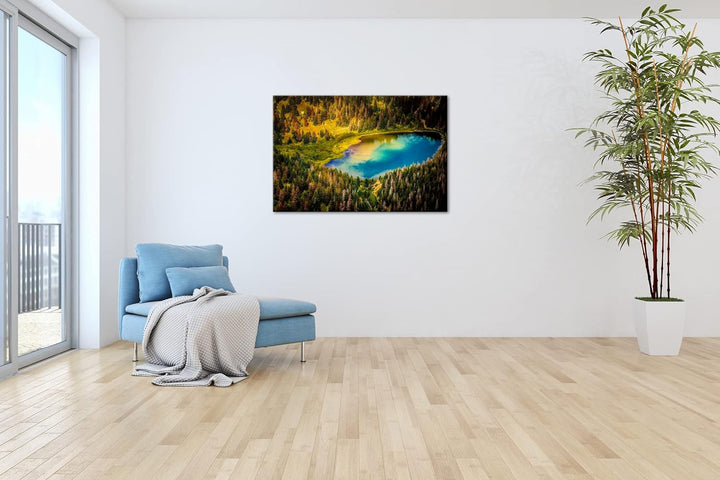deyoli himmlicher See im Wald Format: 100x70 cm als Leinwandbild, Motiv fertig gerahmt auf Echtholzr