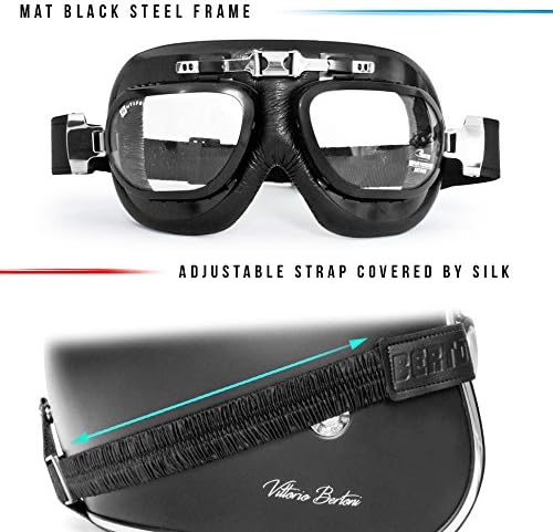 BERTONI Motorradbrille Schutzbrille Vintage mit Chrom Stahlrahmen – Fliegerbrille aus Leder für Harl