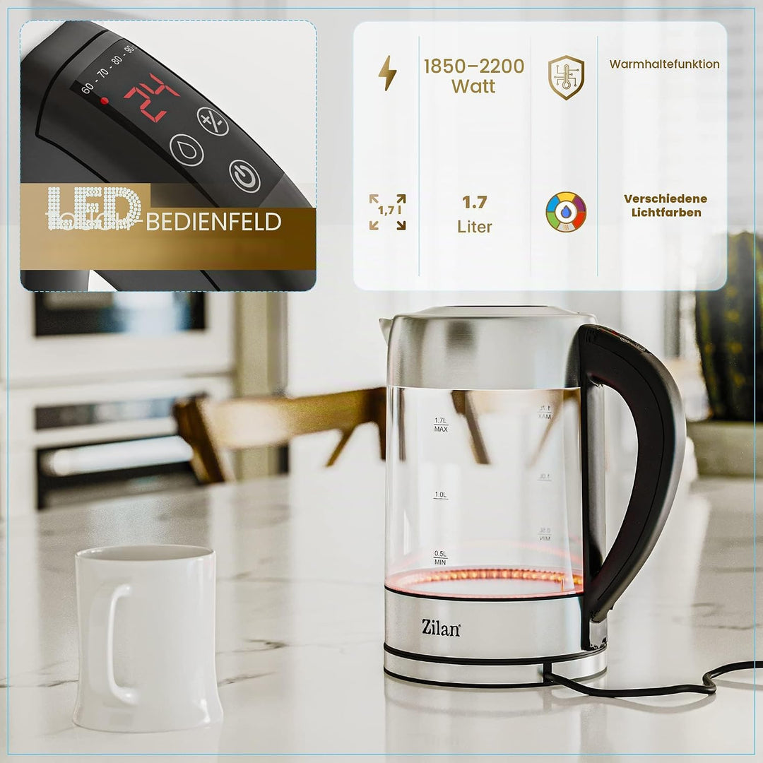 Zilan LED Glas Wasserkocher, Digitaldisplay, 1,7 l, 5 verschiedene Einstellungen, Kabelloser Wasserk