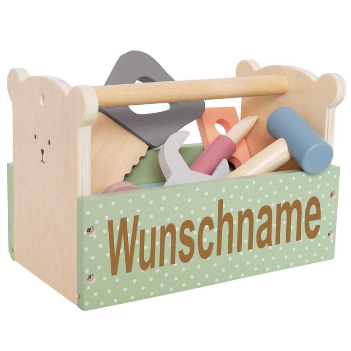 Elefantasie Werkzeugkiste Werkzeugkasten aus Holz Teddy personalisierbar mit Name Baby Geschenk mit