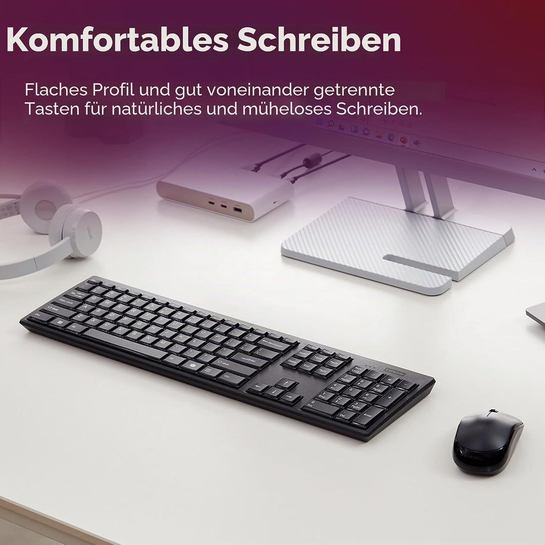 Lenovo 100 Combo Kabellose Tastatur und Maus, 2,4 G (optischer Sensor, 1600 DPI, Nano-USB-Empfänger,