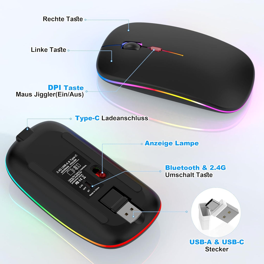 Azmall Kabellose Maus mit Jiggler-Modus – Bluetooth 5.2 & 2.4G Funk, für Laptop, PC, iOS, Android, i