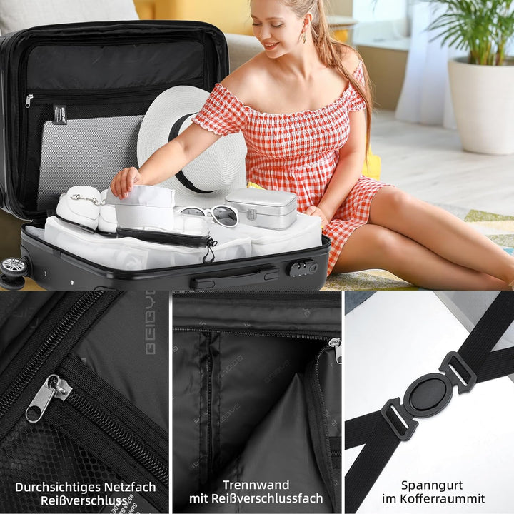 BEIBYE Zwillingsrollen 2066 Hartschale Trolley Koffer Reisekoffer Handgepäck Boardcase M (Schwarz),