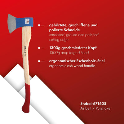 Stubai Astbeil mit Stiel, 1300 g, 671605 Eschenholzstiel 1300 g, Eschenholzstiel 1300 g