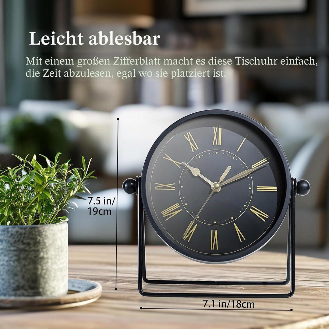 Vintage Metall-Tischuhr – Leise Kaminuhr ohne Ticken mit verstellbarem Winkel, Analoge Standuhr im R