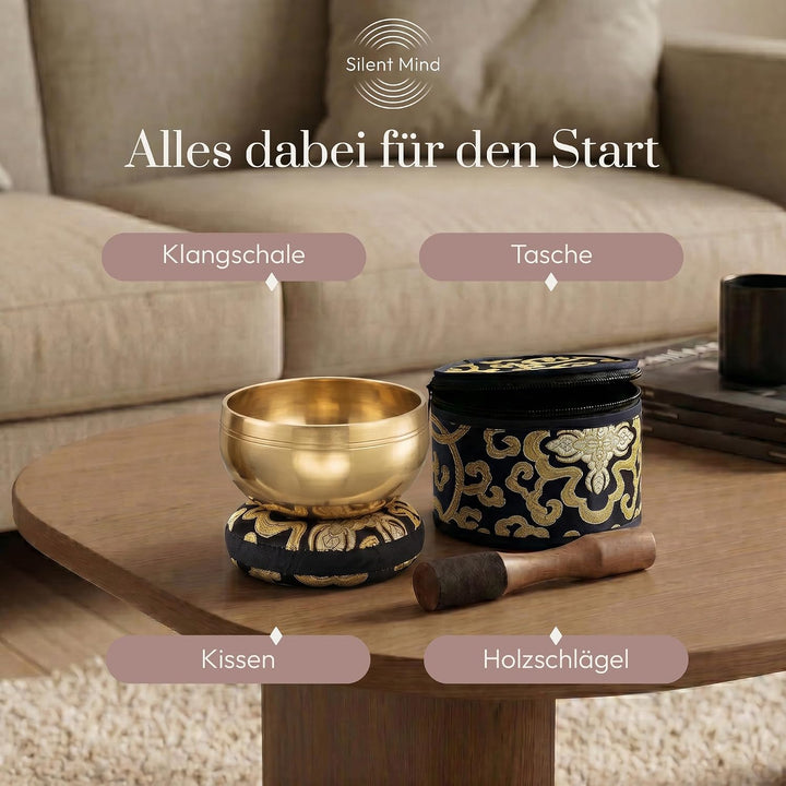 Silent Mind Klangschale Ø9cm Bronze – Handgefertigtes Komplett-Set mit Kissen und Klöppel, für Anfän