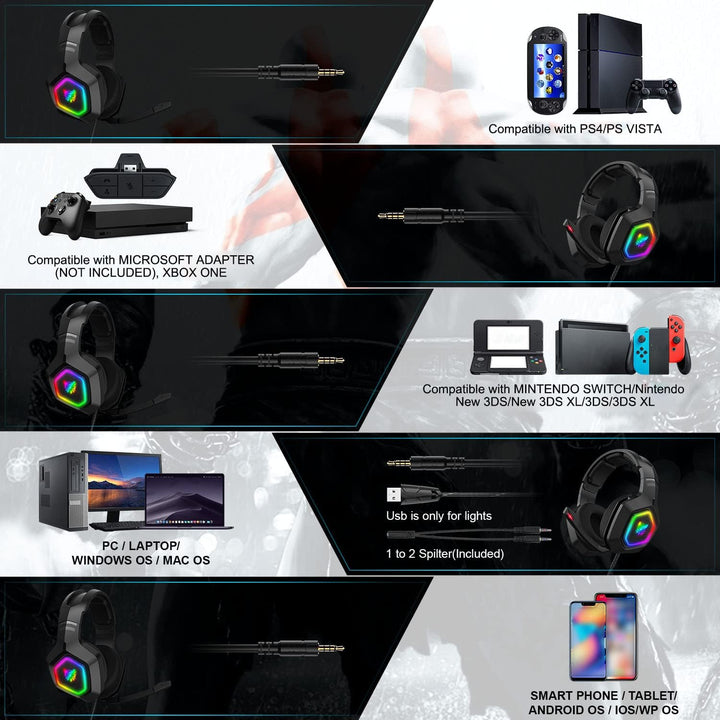 Eacam ONIKUMA K10 RGB-Gaming-Headset mit Mikrofon, Kabelgebundene Kopfhörer mit Geräuschunterdrückun