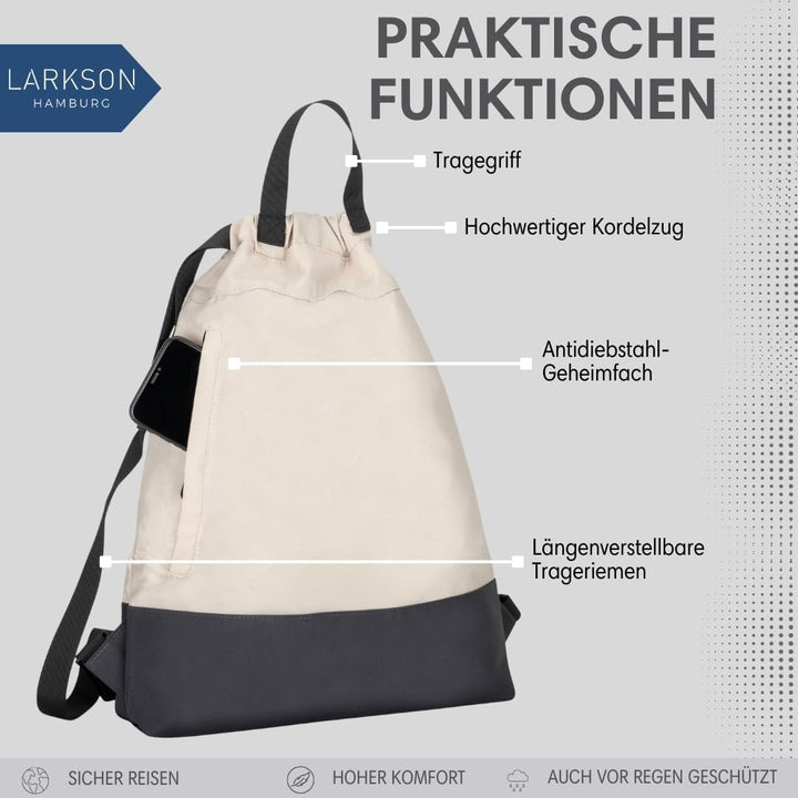 LARKSON Turnbeutel Damen &amp; Herren Sand Grau - No 7 - Rucksack Damen für Sport und Festival - Beutel