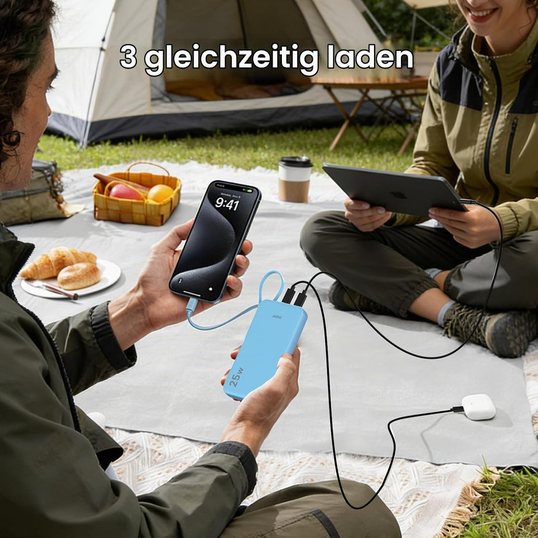 JUOVI Power Bank 10000mAh mit Kabel, 25 W Powerbank Klein Leicht, tragbarer Akkupack schnellladefunk