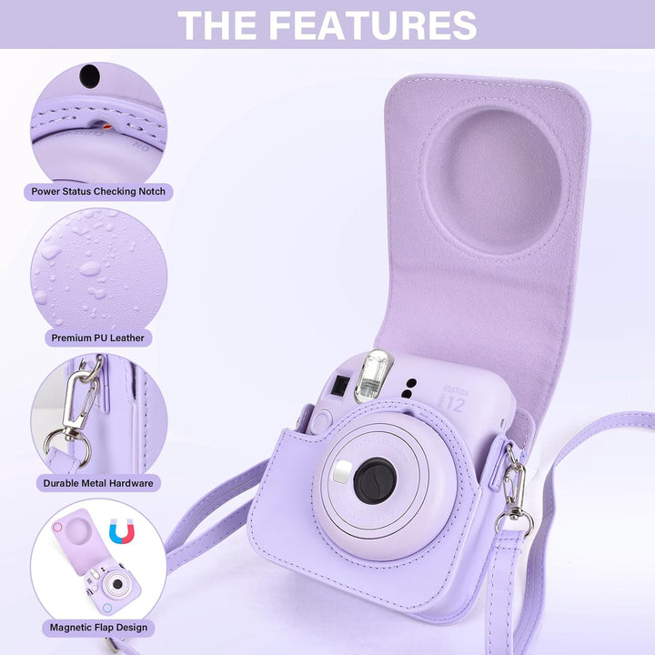 HIYQIN Kamera Tasche Kompatibel mit Fujifilm Instax Mini 12, Ästhetisch Kunstleder Hülle mit Mini Fo