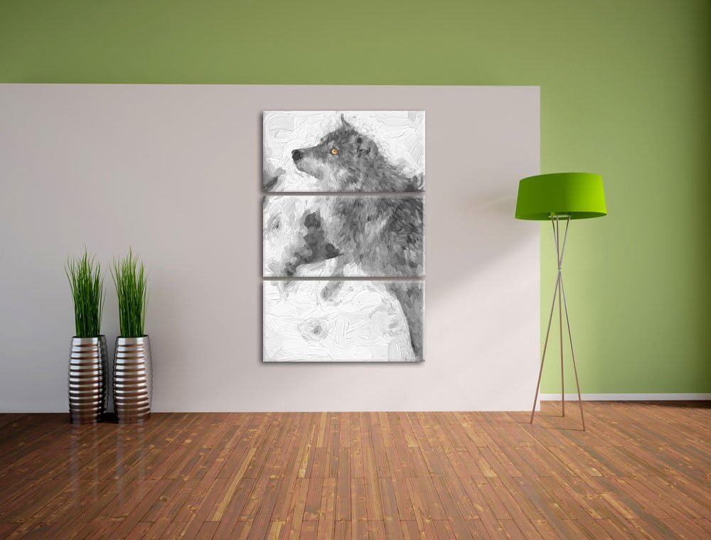 schöner Wolf im Schnee schwarz/weiss Deluxe 3-Teiler Leinwandbild 120x80 Bild auf Leinwand, XXL ries