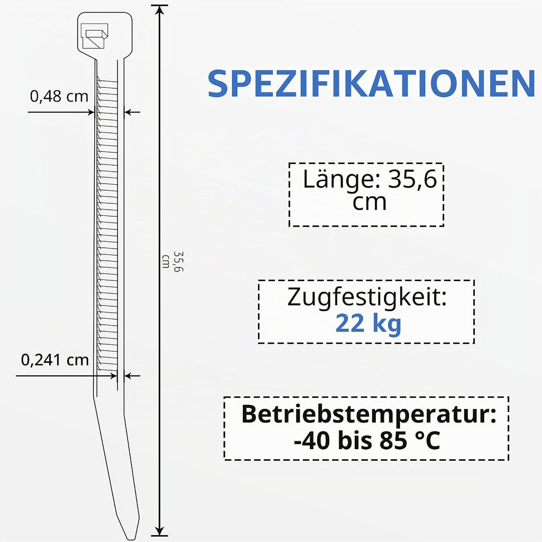 1000 Stück Kabelbinder Schwarz 350mm, Kabelbinder uv Beständig, 4.8mm Breite Cable Ties Zugfestigkei