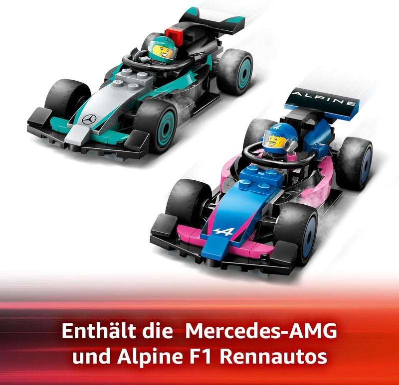 LEGO City F1 Garage mit Mercedes-AMG & Alpine Rennautos - Spielzeug Formel 1 Rennwagen mit 2 Rennfah