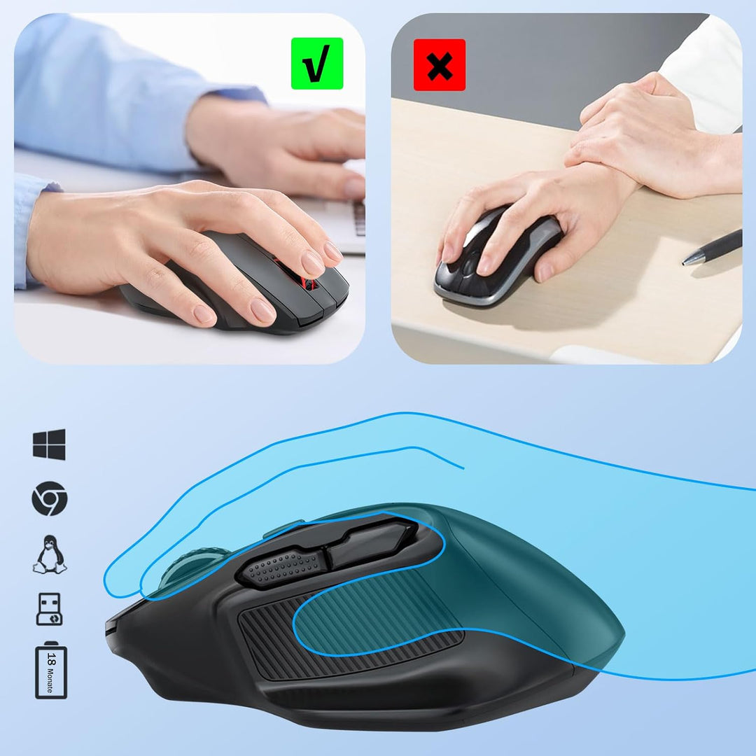 E-Yooso kabellose Maus für Mittelgrosse bis Grosse Hände, ergonomische Funk-Computermaus, 6 Tasten,