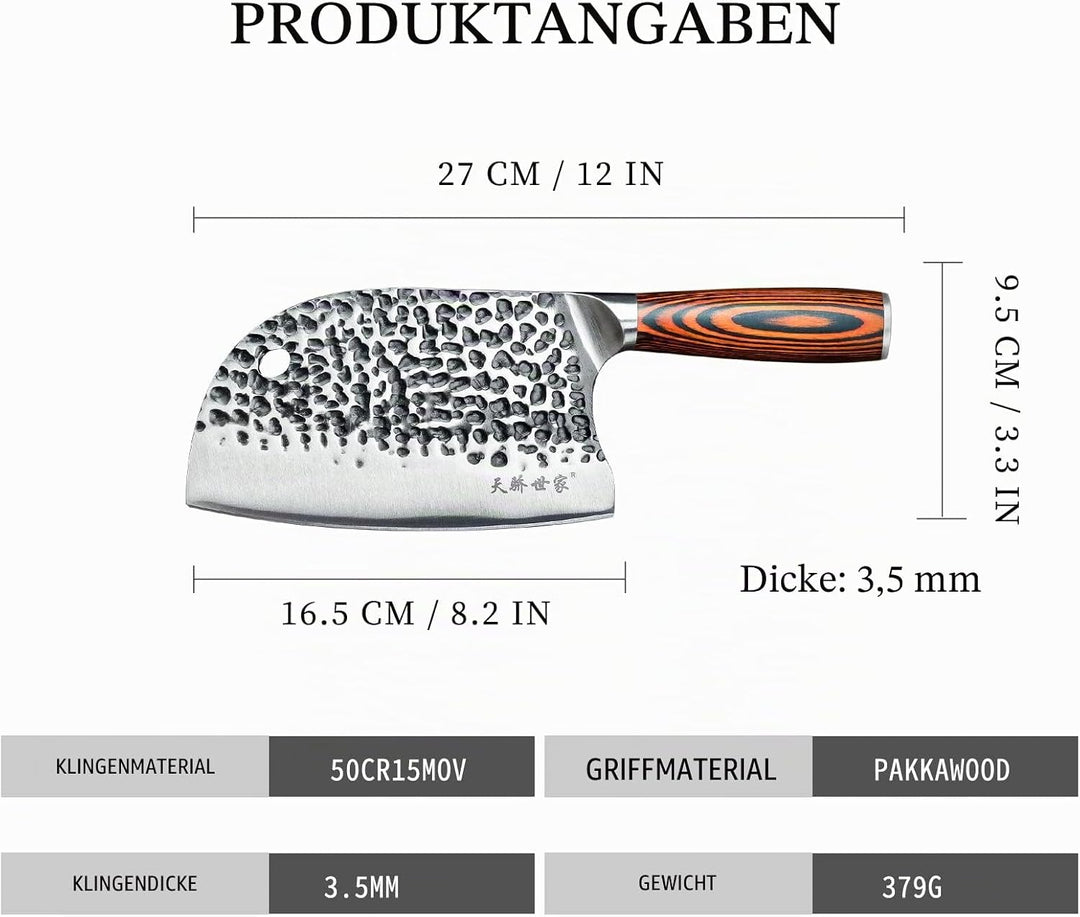 TJ POP Hackmesser Chinesisches Kochmesser Professionelles 16.5cm, Scharfer Full-Tang Fleischerbeil,