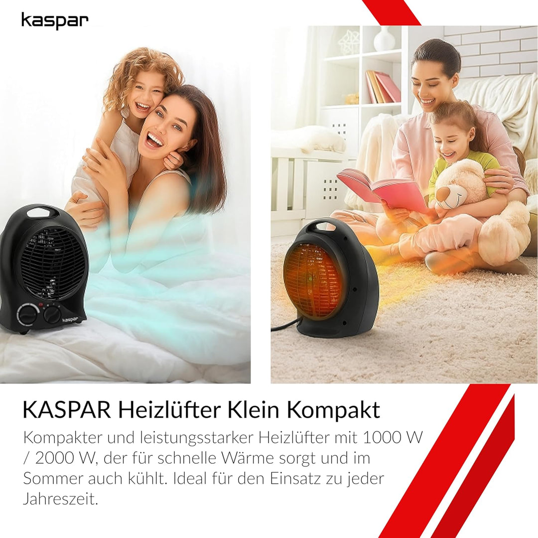 KASPAR Heizlüfter Klein Kompakt Thermoventilator Elektroheizer 1000 W 2000 W Mit Ventilatorfunktion