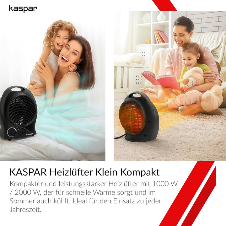 KASPAR Heizlüfter Klein Kompakt Thermoventilator Elektroheizer 1000 W 2000 W Mit Ventilatorfunktion