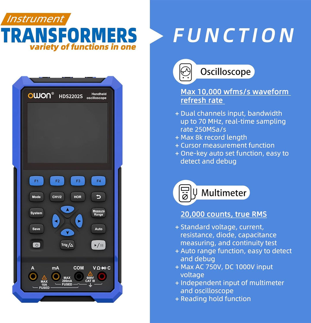 OWON HDS2202S Handheld Oszilloskop, 20000 Counts Digital multimeter,2Kanal Digitaloszilloskop Tragba