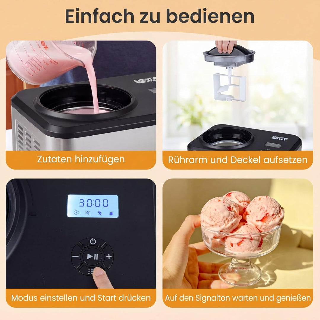 COSTWAY 2 in 1 Eismaschine mit Joghurtfunktion, Kompressor Eiscrememaschine 1,5 L für Eiscreme, Gela