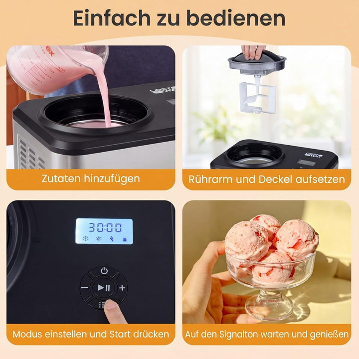 COSTWAY 2 in 1 Eismaschine mit Joghurtfunktion, Kompressor Eiscrememaschine 1,5 L für Eiscreme, Gela