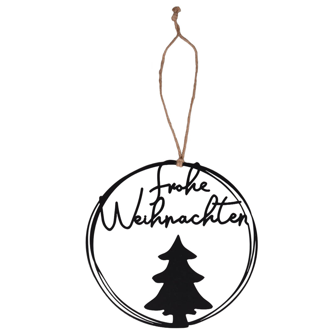 UNUS Aufhänger Frohe Weihnachten rund Ø 25 cm Metall Wanddeko mit Tannenbaum stilvolle Weihnachtsdek