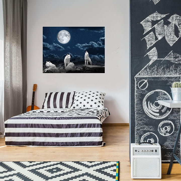 wandmotiv24 Poster als Wanddeko, Grösse 80x60cm, Wolfsrudel, Wolf, Gemälde, Mond, Wölfe, Felsen, Tie