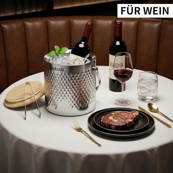 3,2L Eiswürfelbehälter mit Deckel und Schaufel,Edelstahl Eiskübel Doppelwandiger Isolierter,Eisbehäl