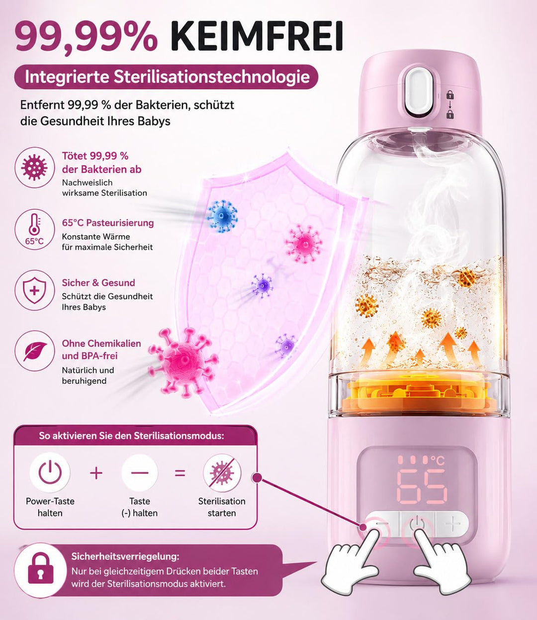 Tragbarer Baby Flaschenwärmer für Unterwegs | Pasteurisier-Funktion + 500ml Kapazität + 16000mAh-Akk