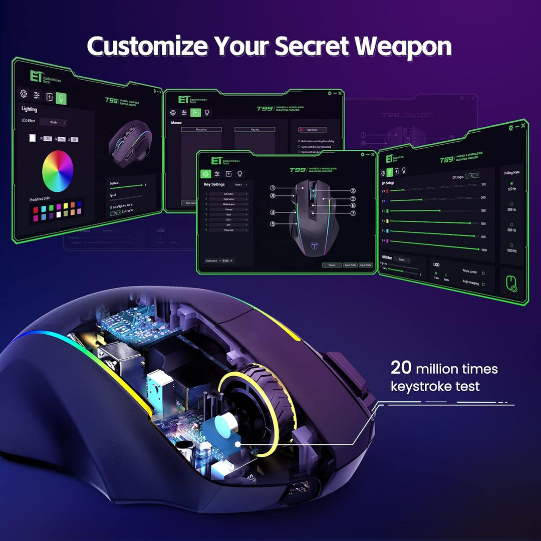 RisoPhy Gaming Maus Kabellose RGB,2.4G/USB-C/Bluetooth Maus mit 8 Programmierbare Tasten/10000DPI/7