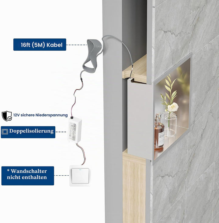 Wandnische Dusche Edelstahl mit LED-Licht, Eingebettete Duschnische Einzelregal Lagerung für Badezim