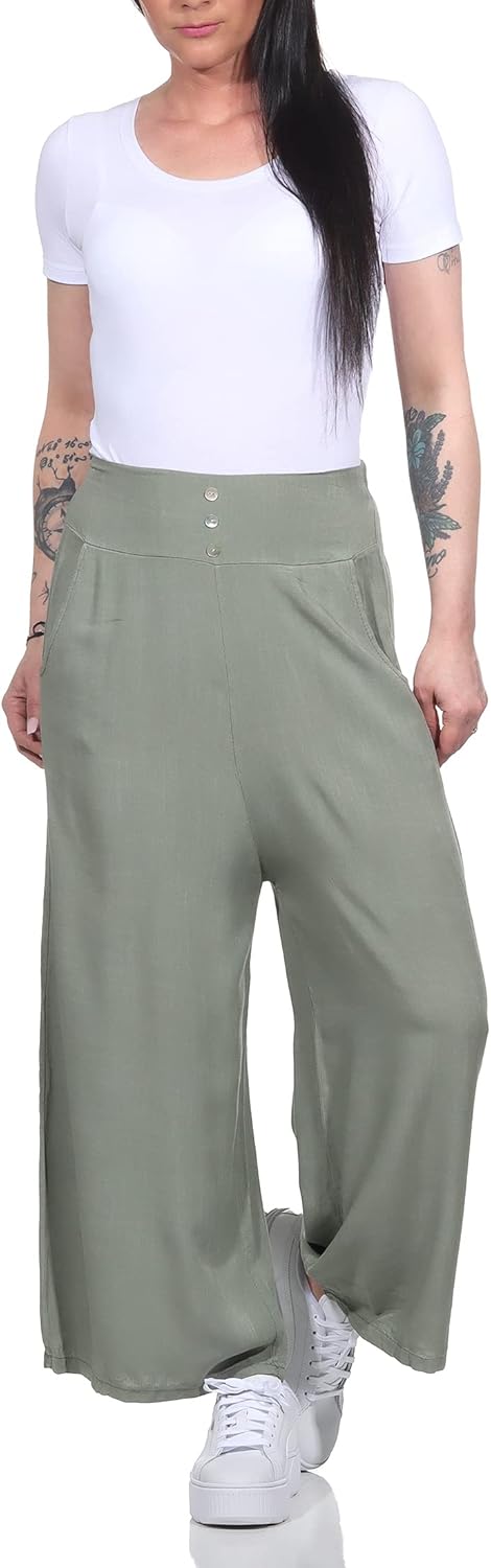 ZARMEXX Damen Hose Marlenehose Palazzo luftige Sommerhose Boho Hippie 7/8 Schlaghose 36-40 Armee, 36