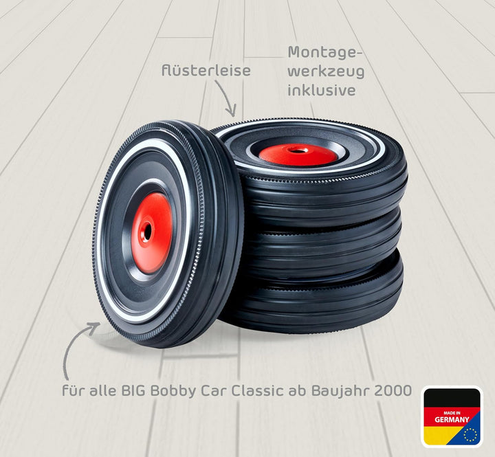BIG - Bobby Car Whisper Wheels - Flüsterräder für Rutscher Autos, Reifen-Set mit Befestigungsclips u