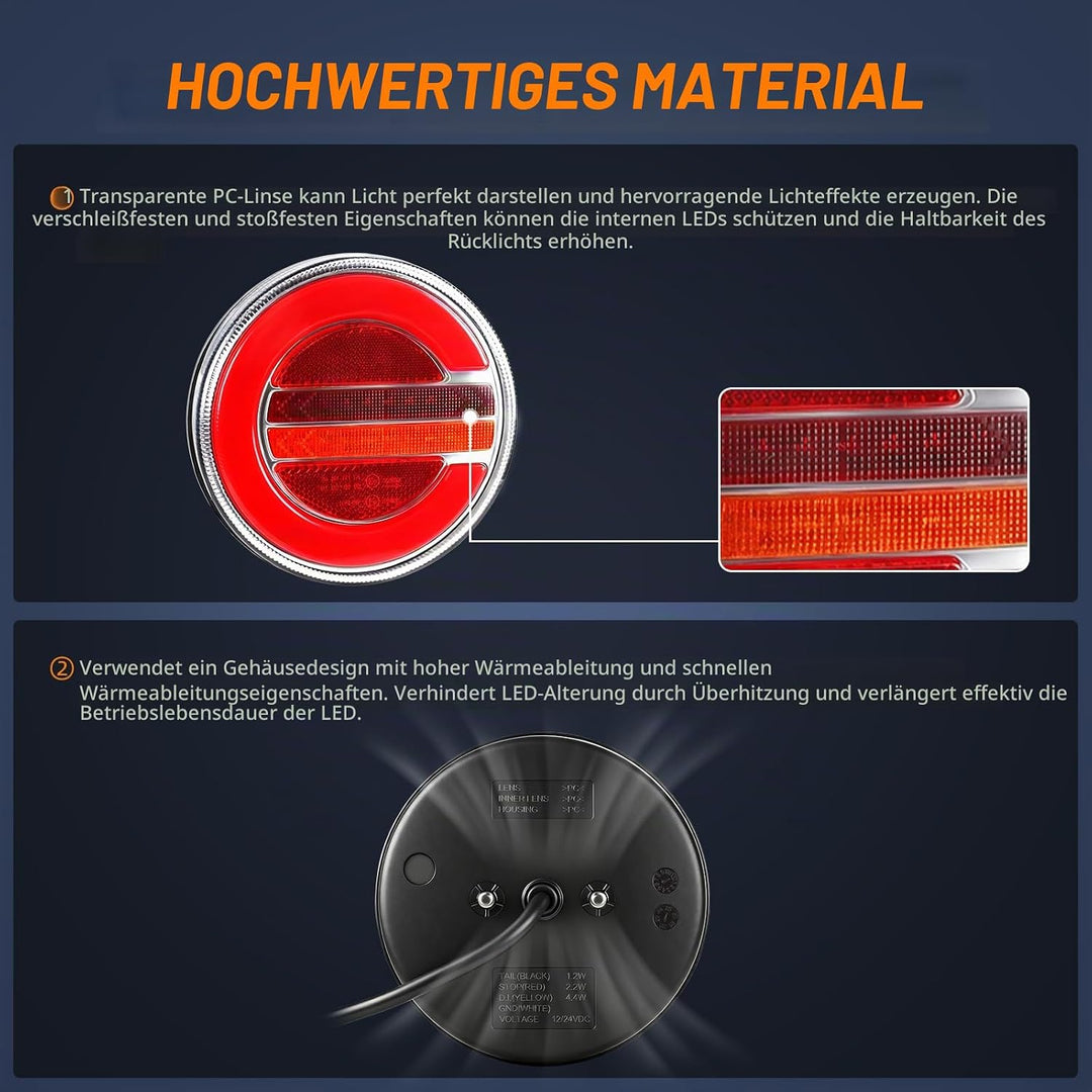 Yuanjoy 2 x Wasserdicht Rund Rückleuchten Anhänger LED 12V 24V, E-Prüfzeichen links und rechts Hambu