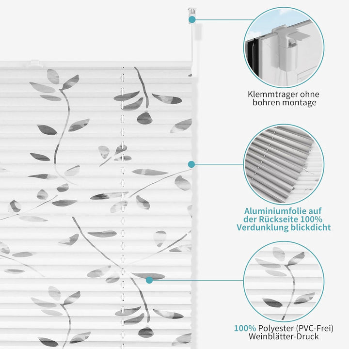 HOMEDEMO Plissee ohne Bohren Verdunkelung, Thermo Plisseerollo Klemmfix, 110 x 50 cm (LxB) Weiss mit
