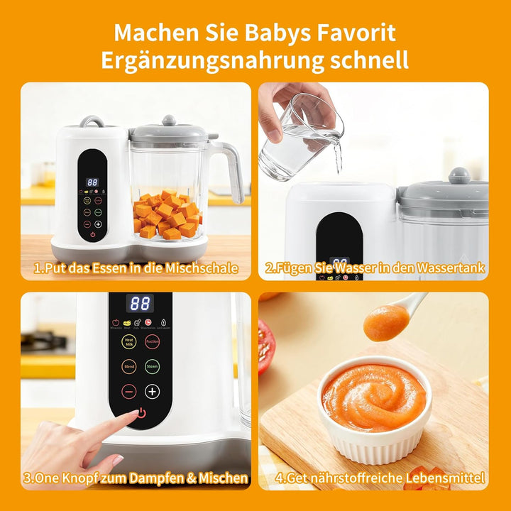 Babynahrungszubereiter, 400ML Baby Food Maker, Babybrei Zubereiter, Dampfgarer Mixen, mit voreingest