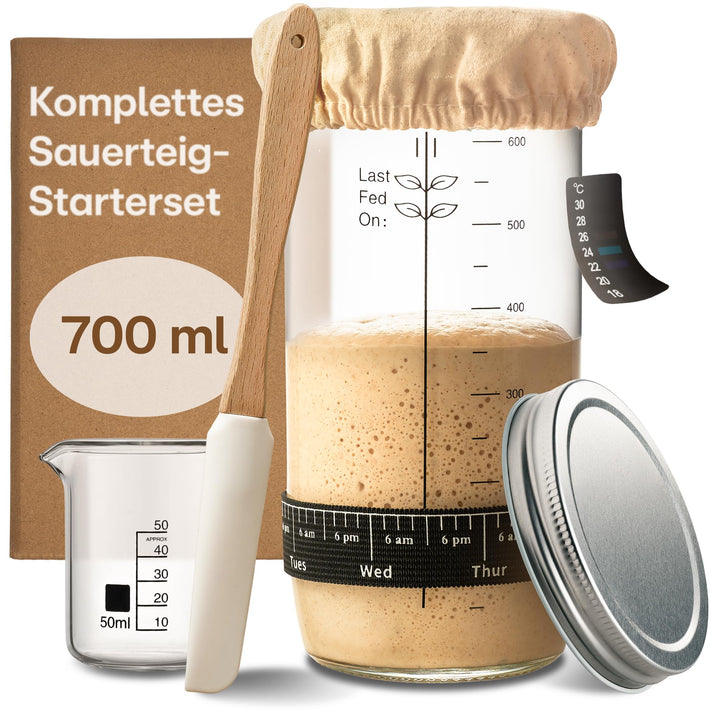 Praknu Sauerteig Starter Set aus Glas (700ml) Komplett-Set mit Anleitung für Einsteiger & Zuhause ba