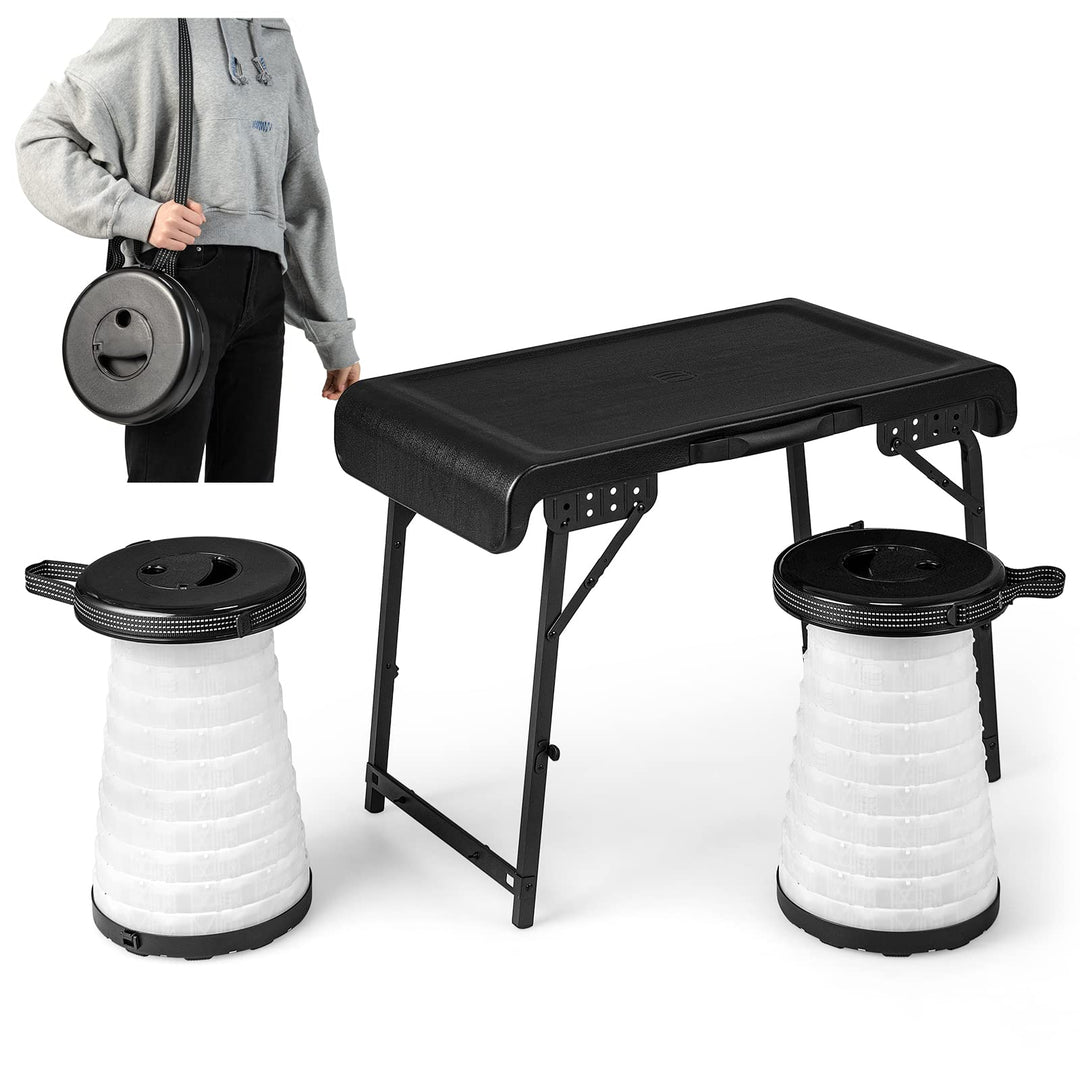 COSTWAY Tragbarer Klapptisch mit 2 LED Teleskophockern, Campingtisch und höhenverstellbarer Hocker,