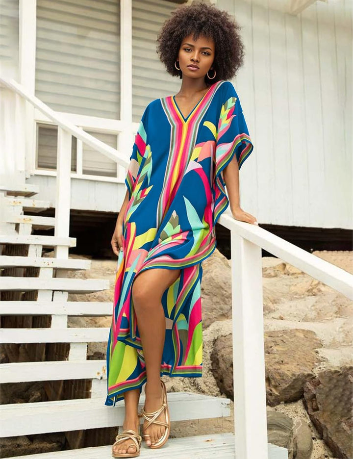 Bsubseach Damen Casual Beach Kaftan Kleid Kurzarm Loungewear Caftan Strandkleid B-blau, B-blau