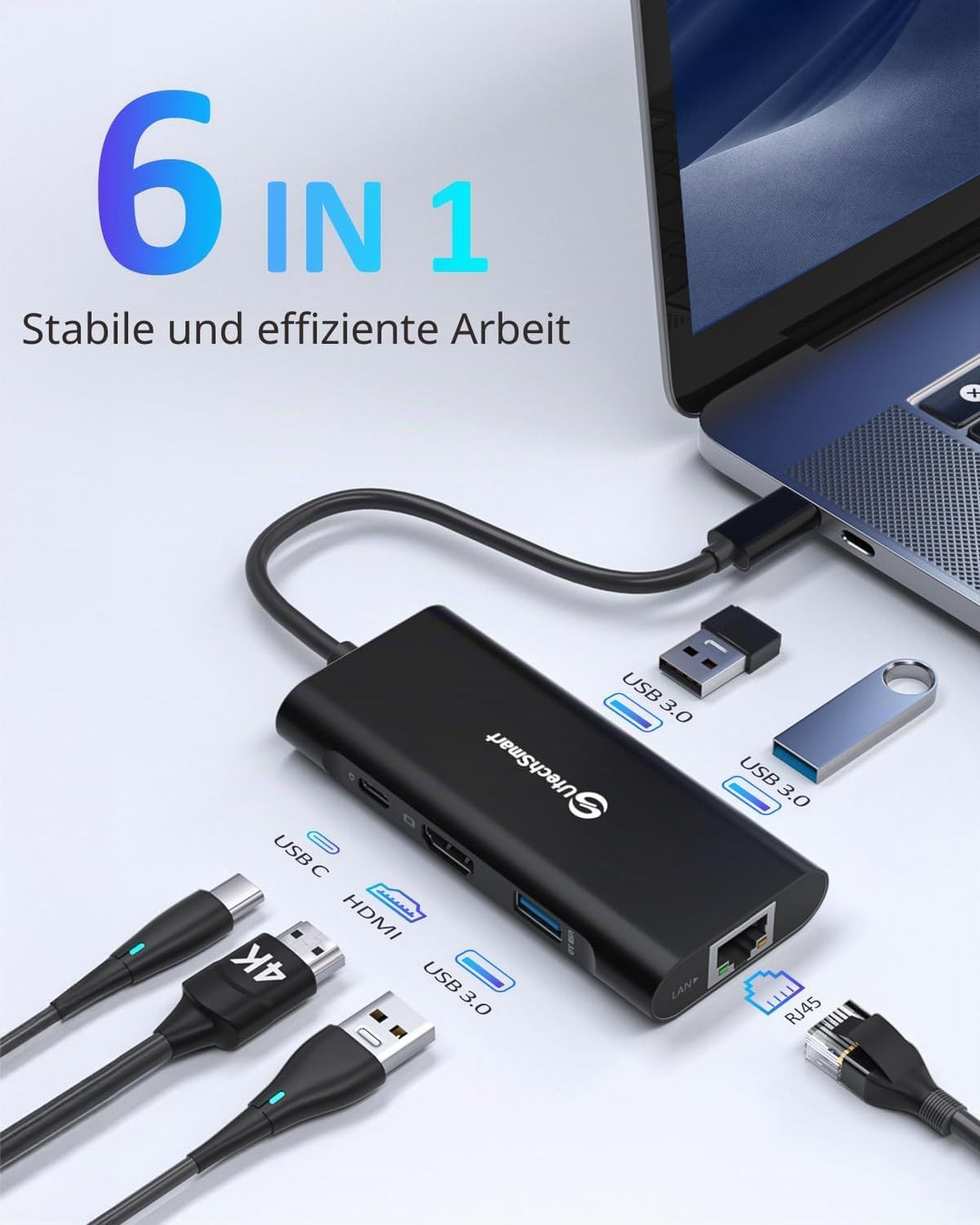 USB C Hub, UtechSmart 6 in 1 USB C zu HDMI Adapter mit 1000M Ethernet, PD 100W Ladeanschluss, 3 USB