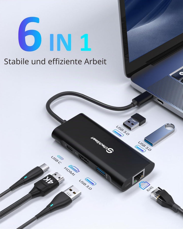 USB C Hub, UtechSmart 6 in 1 USB C zu HDMI Adapter mit 1000M Ethernet, PD 100W Ladeanschluss, 3 USB