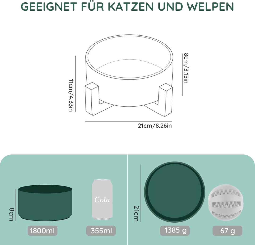 SPUNKYJUNKY Keramik Hundenapf mit Bambus Ständer für Grosse Hunde (1800ml, Grün) Grün Einzeln - 1800