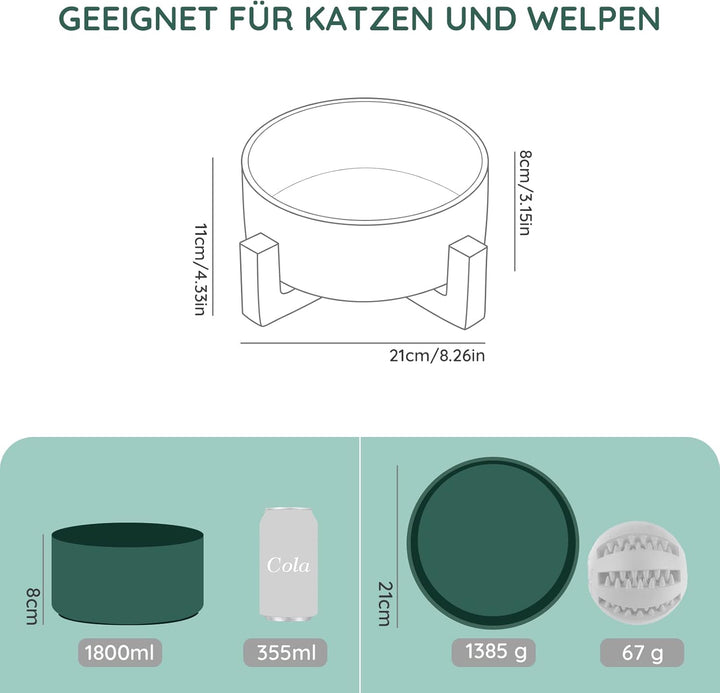 SPUNKYJUNKY Keramik Hundenapf mit Bambus Ständer für Grosse Hunde (1800ml, Grün) Grün Einzeln - 1800