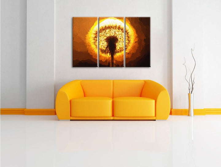 Pixxprint Pusteblume im Abendlicht Pinsel Effekt 3-Teiler Leinwandbild 120x80 Bild auf Leinwand