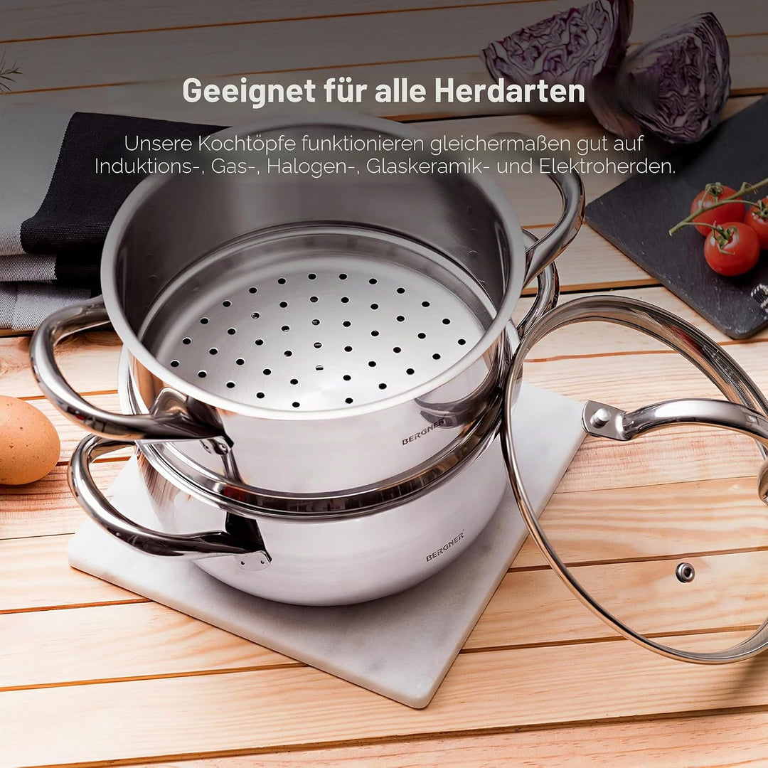 BERGNER Gourmet | Kochtopf mit Siebeinsatz | Topf mit Deckel, Siebeinsatz und 2,2L Fassungsvermögen