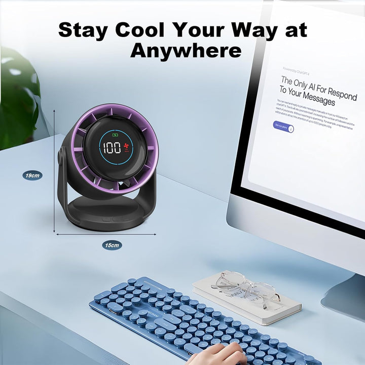 Rintea Tischventilator Wiederaufladbar,USB Ventilator Geräuscharm,100 Geschwindigkeiten mit Memory F