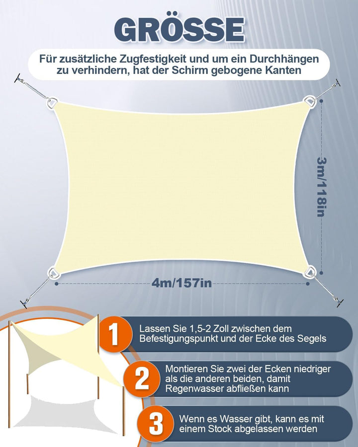 Sonnensegel Wasserdicht 3x4m Rechteckig, Premium HDPE 98% UV Atmungsaktiv, Mit Befestigung Set Und R