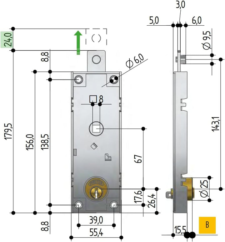 Paar Schlösser W551.0822.0000 für Kipp-/Garage Rundzylinder gelocht Schlüssel